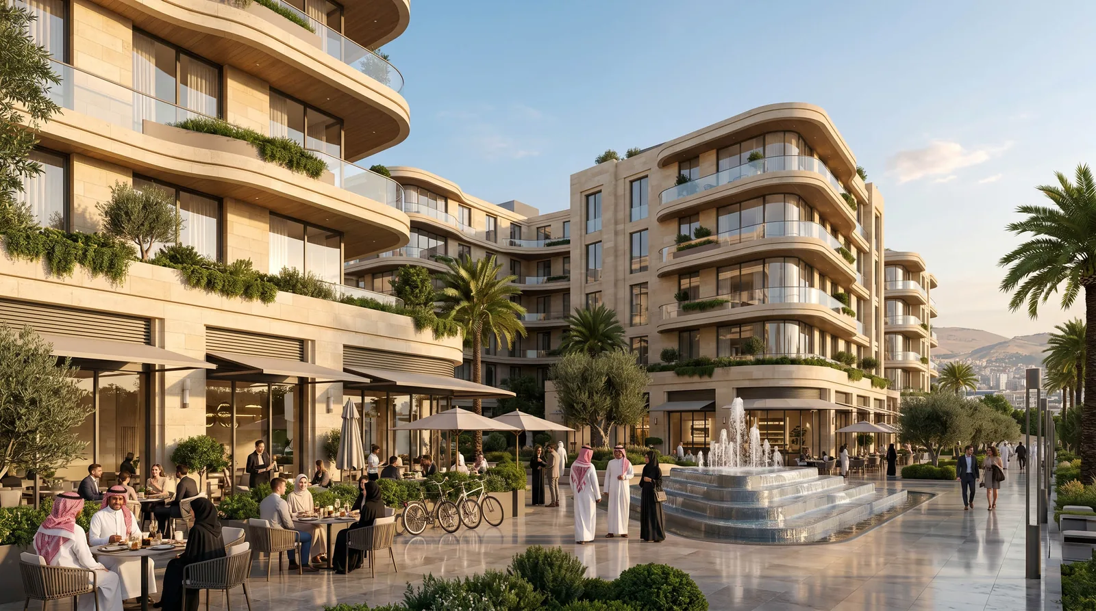 Sham View — apartment terraces and the plaza fountain by day